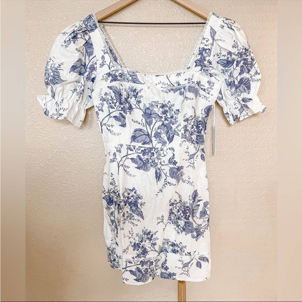 REFORMATION Evianna Linen Blue & White Toile Puff Sleeve Mini Dress US 8 NWT